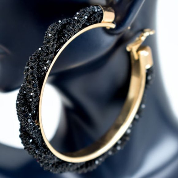 3" Boho Braid Twist Black Rhinestone Hoop Earrings - Picture 11 of 12